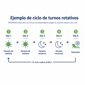 Ciclo de turnos rotativos con horarios de mañana, noche y descanso